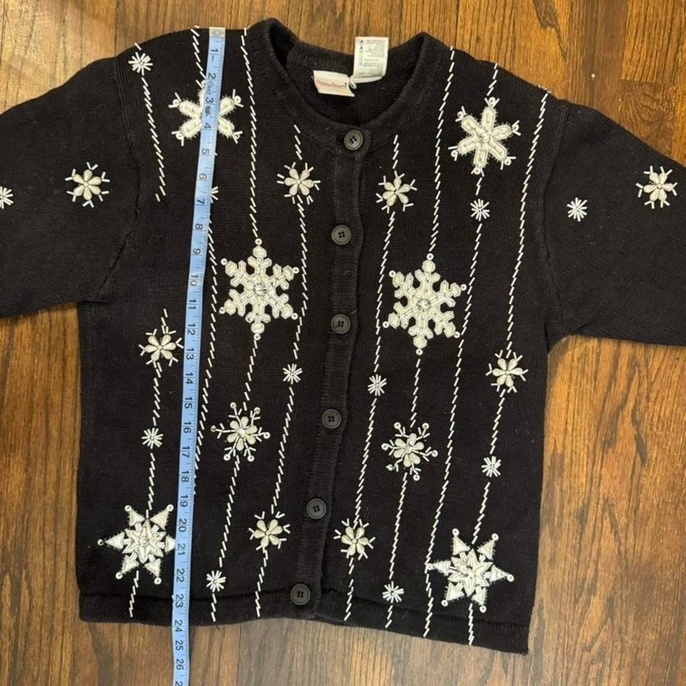Vintage 90s Black Button Up Cardigan With White Snowflakes Size Large Knitwear - Picture 6 of 7